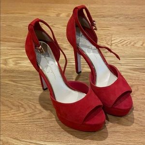 Red Heels, Jessica Simpson, gold buckle